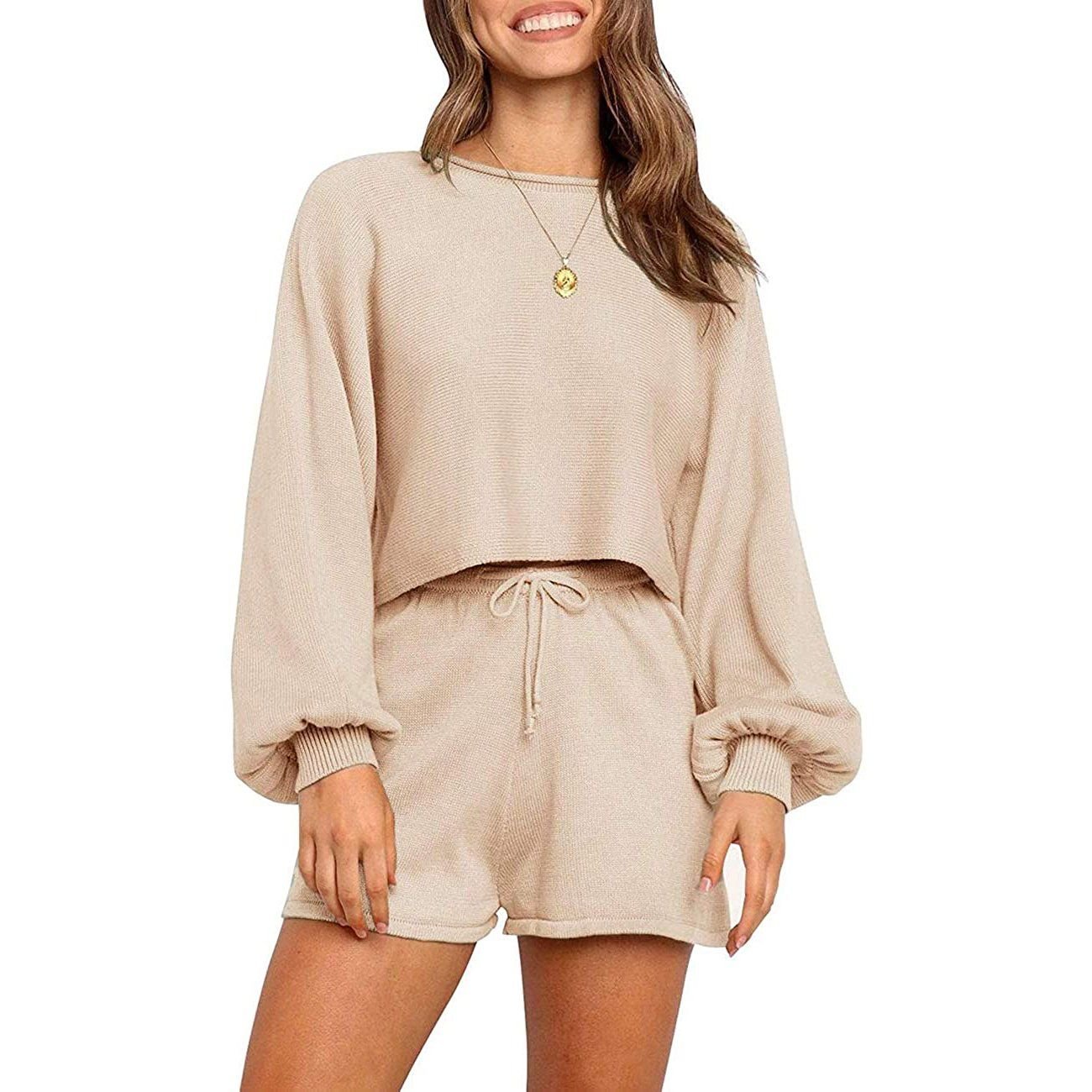 2-Piece: Knit Outfits Puff Sleeve Crop Top Shorts Set Sweater Sweatsuit - Image 10