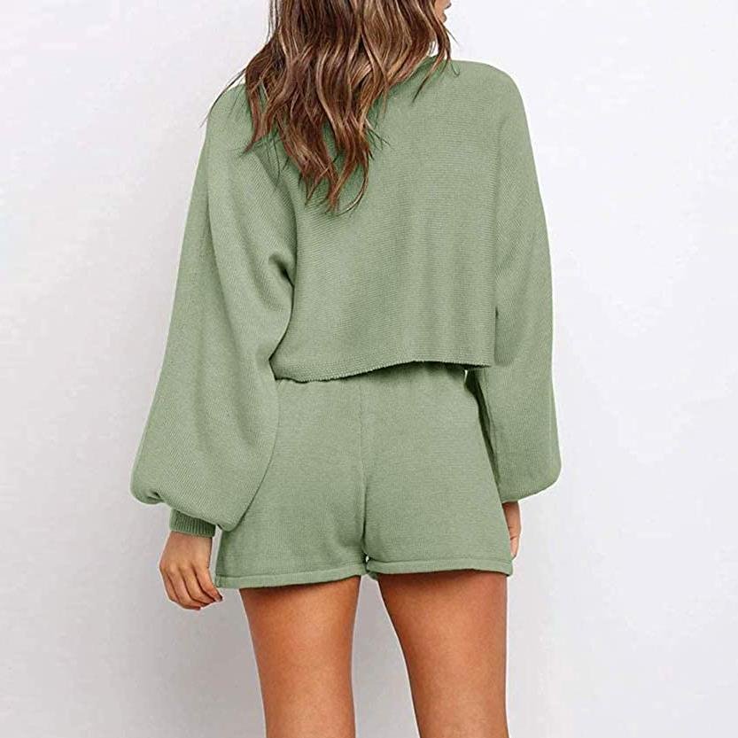 2-Piece: Knit Outfits Puff Sleeve Crop Top Shorts Set Sweater Sweatsuit - Image 9