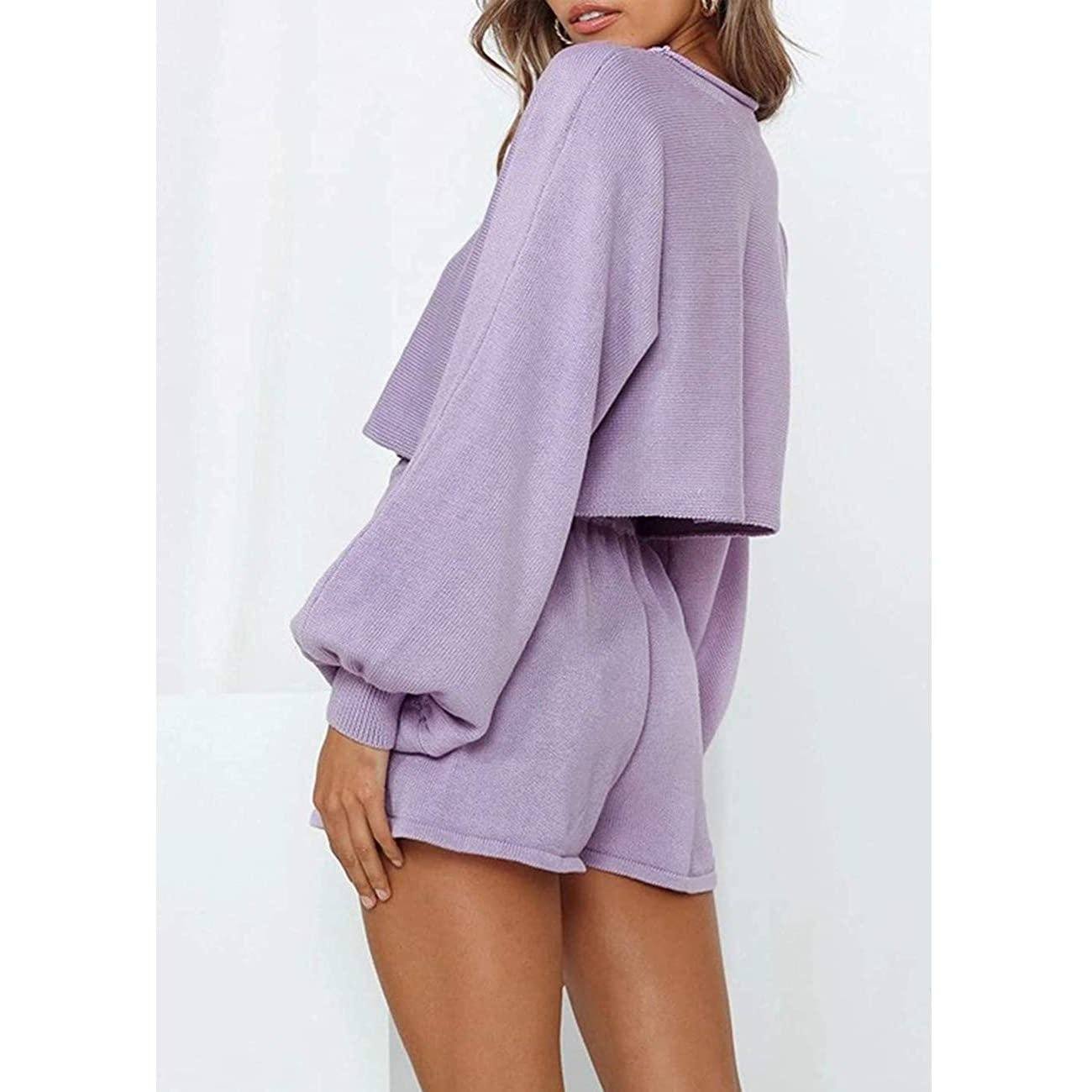 2-Piece: Knit Outfits Puff Sleeve Crop Top Shorts Set Sweater Sweatsuit - Image 3