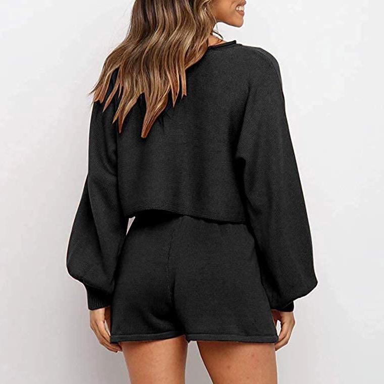 2-Piece: Knit Outfits Puff Sleeve Crop Top Shorts Set Sweater Sweatsuit - Image 6