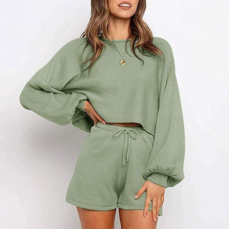 2-Piece: Knit Outfits Puff Sleeve Crop Top Shorts Set Sweater Sweatsuit - Image 8
