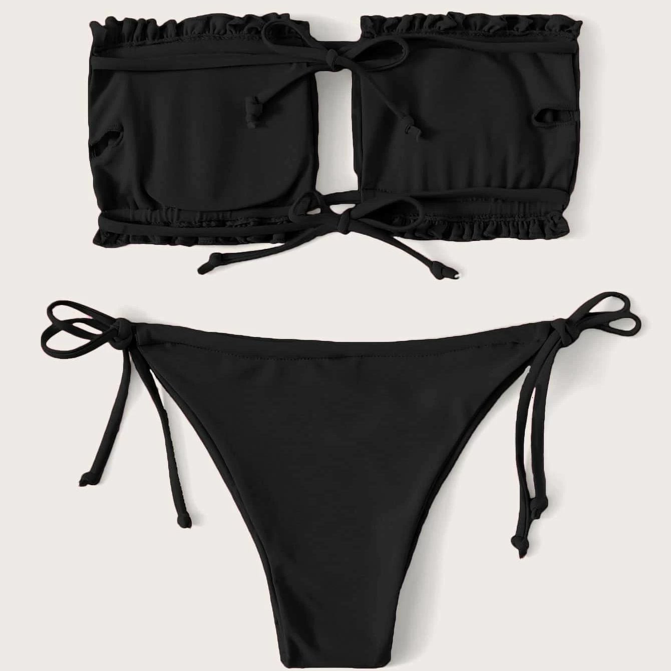 Frill Trim Bandeau Tie Side Bikini Swimsuit - Image 3