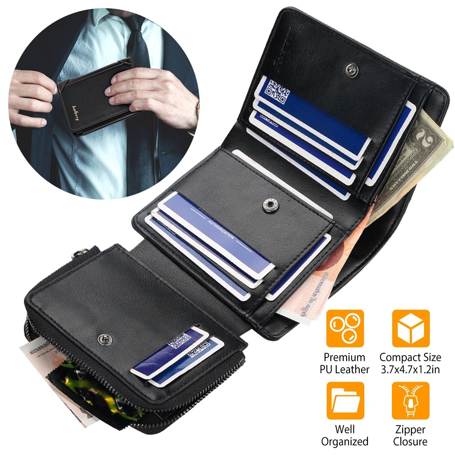 Men's Trifold Clutch Leather Wallet ID Card Holder - Image 4
