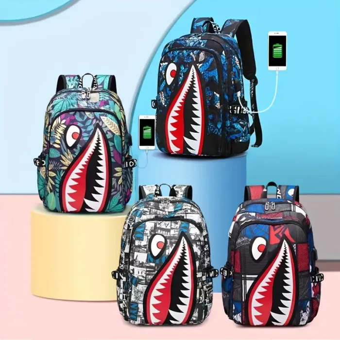 Shark Patterned Nylon Student Backpack - Image 1