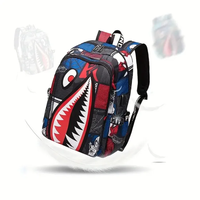 Shark Patterned Nylon Student Backpack - Image 10