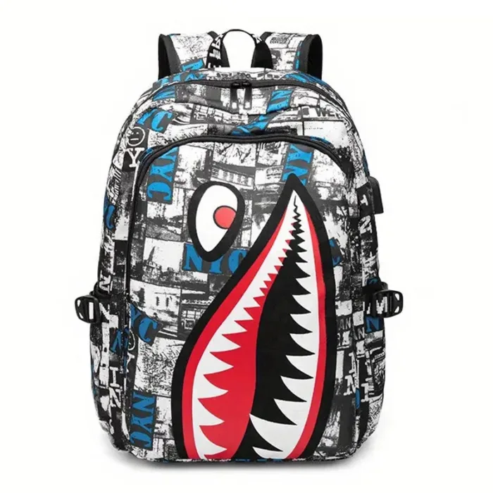 Shark Patterned Nylon Student Backpack - Image 4