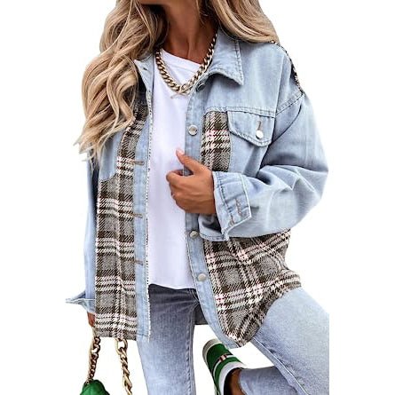Women's Denim Jacket Long Sleeve Plaid Button Down Shirts Shacket - Image 3