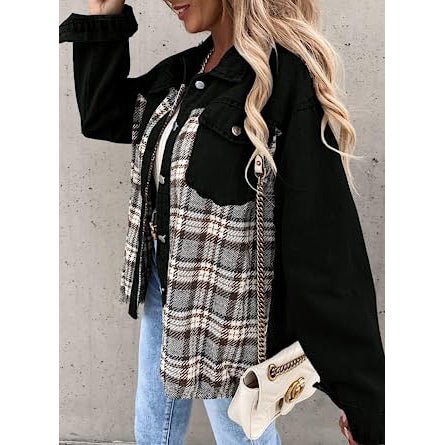 Women's Denim Jacket Long Sleeve Plaid Button Down Shirts Shacket - Image 8