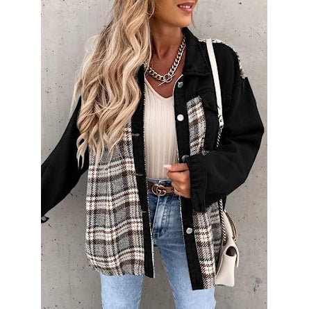 Women's Denim Jacket Long Sleeve Plaid Button Down Shirts Shacket - Image 9