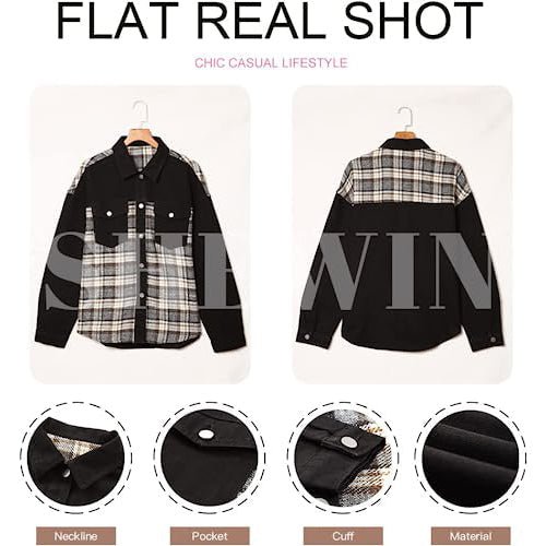 Women's Denim Jacket Long Sleeve Plaid Button Down Shirts Shacket - Image 10