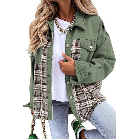 Women's Denim Jacket Long Sleeve Plaid Button Down Shirts Shacket - Image 4