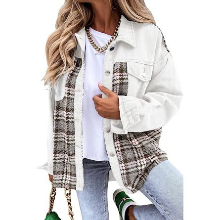Women's Denim Jacket Long Sleeve Plaid Button Down Shirts Shacket - Image 6